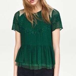 Zara Trafaluc Blouse Small Green Embroidered Ruffle Peplum Top Short Sleeves